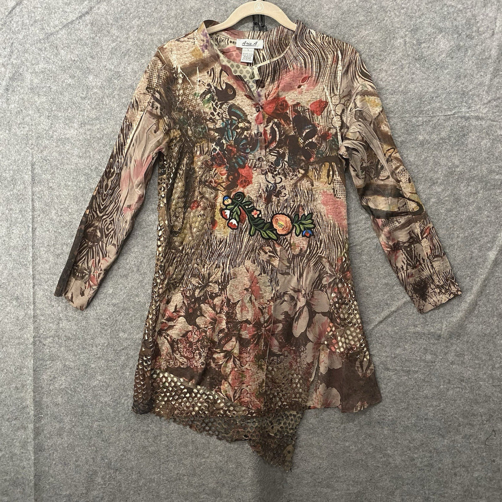 Anis A Tunic Blouse Womens Sz S Brown Layered Embroidered Floral Cut‎ Out